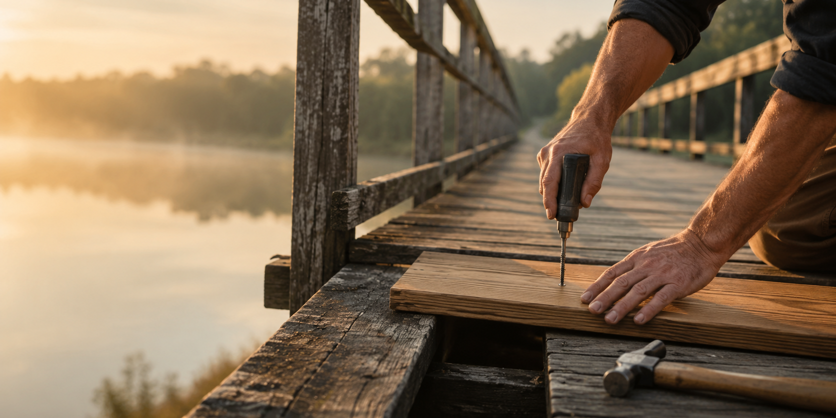 A man repairing a wooden bridge, representing rebuilding trust after betrayal through consistent action.