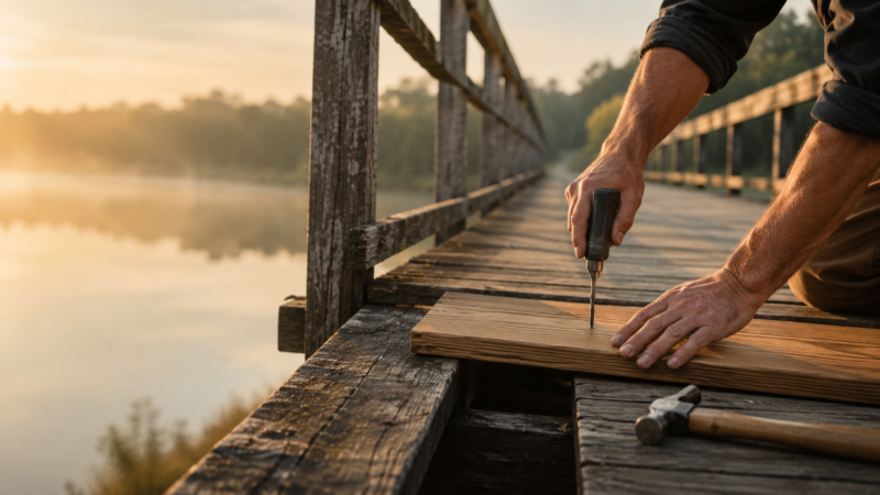 A man repairing a wooden bridge, representing rebuilding trust after betrayal through consistent action.